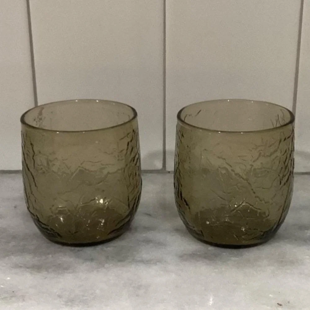 Anchor Hocking‎ Sherwood Spicy Brown Lowball Glasses, Set of 2, Vtg Leaf Design
